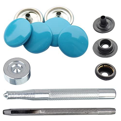Trimming Shop 250 Sets 15mm Snap Fasteners with 4 Part Press Studs with Hand Fixing Tool, Lightweight, Durable Metal Nickle Free Poppers for Leather, Jackets, Straps, Clothes Repair Turquoise