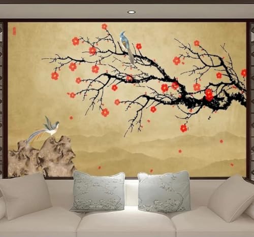 Papier peint 3D soie fleurs de prunier oiseaux intissé bureau