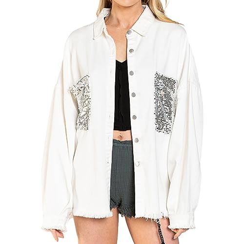 ALSOGO Women Oversize Denim Jacket Casual Long Sleeve Jean Jacket Cute Fringe Jacket With Pockets