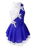 iEFiEL Mädchen Eiskunstlauf Kleid Glitzer Ballettkleid Ärmellos Ballettanzug Ballett Trikot Body mit Strass Wettbewerb Kostüm Gymnastikanzug Za Blau + Weiß 134-140