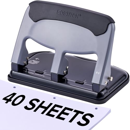 Image of Bostitch EZ Squeeze 3 Hole Paper Punch, 40 Sheet Capacity, Heavy Duty Metal Office Hole Puncher with Chip Tray, Non-Slip Base & Paper Guide, 9 /32 inch Holes for Binders, School & Home Office