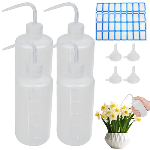 Zithgen 4 Stück Dosierflasche Spritzflasche 500ml, Kunststoff Laborflasche Waschflasche Squeeze Bottle Transpartent Sprühflasche mit Trichter, Aufkleber für Pflanzenbewässerung Laborreinigung Tattoo