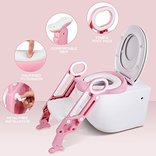 Toilettensitz Kinder mit Treppe, Stabilen Rutschfesten Breiten Pedalen und Weichem PU Kissen, Klappbar Kinder WC Sitz mit Rutschfest Leiter, HöHenverstellbar 38-42cm Rose - Image 3