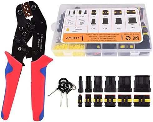 Amliber 709Pcs 43 Kits Waterproof Automotive Wire Connectors With Ratcheting Wire Crimper, 1/2/3/4/5/6 Pin Automotive Electrical Connectors With Wire Crimping Tool Kit