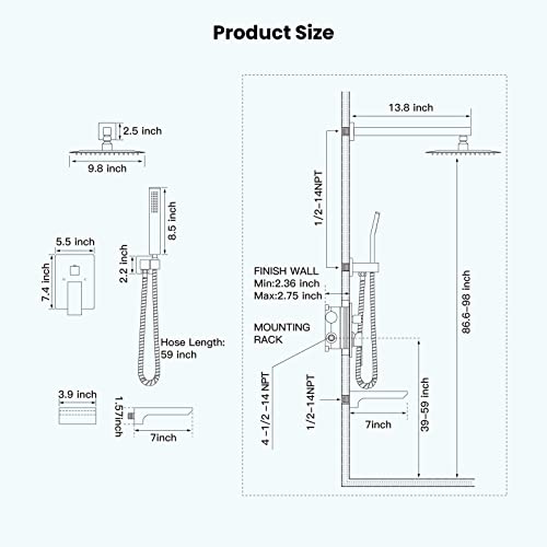 Gotonovo Polished Chrome Rain Mixer Shower Faucet Set With Waterfall Tub Spout 10 Inch Square Rainfall Shower Head With Handheld Spray Wall Mounted Rough-In Valve And Trim Included #TOP5