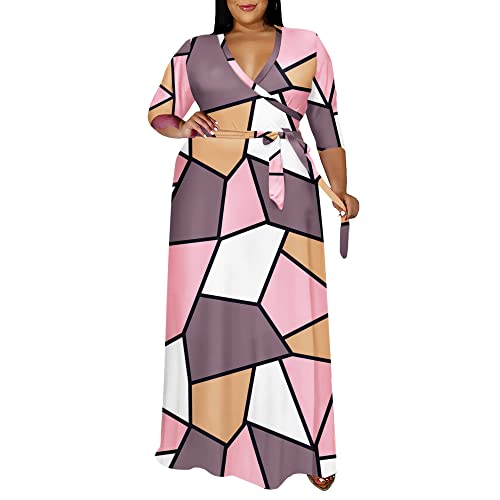 Image of Runwind Plus Size Dresses for Women Floral Maxi Dress Flowy 3 /4 Sleeve with Belt
