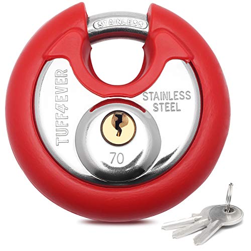 Preisvergleich Produktbild Tuff4ever 70mm Vorhängeschloss mit Edelstahlschäkel Disc Schloss Edelstahl Rostfrei wetterfest Rund Outdoor Rot Gummi Gehäuse mit 3 Schlüssel