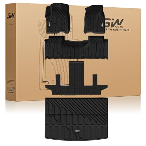 3W Floor Mats & Cargo Liner for 2021-2026 Chevy Suburban (Only 7 Seats (Not Fit 8/9 Seats) / Yukon XL (Not Fit Yukon) /Escalade ESV 7 Seat TPE All Weather Custom Fit Full Set Car Liner Bucket Seat