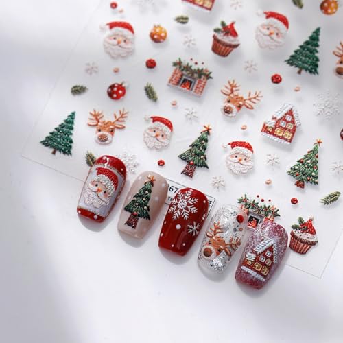 5D Embossed Christmas Nail Art Stickers Santa Claus Nail Stickers Self-Adhesive Elk Christmas Tree Holly Snowflakes Nail Decals for Women Girls Winter Xmas Holiday Manicure DIY Nail Supplies