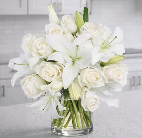 BloomsyBox – Elegant White Lilies & Roses (Glass Vase Included) – Fresh Flowers for Delivery –...
