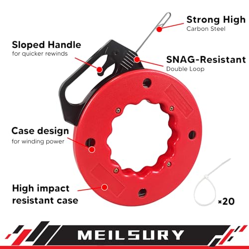 50FT Fish Tape Wire Puller,Easy-to-Use Wire Fishing Tools,1/8 inch width Electrical Fish Tape, Professional Electrician Tools for walls and electrical conduit, Electrical Tools with 20PCS Cable Ties