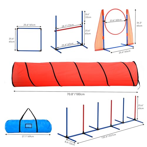 YITAHOME Dog Agility Training Equipment Set with Flexible Tunnel, Hurdle, Jump Ring, 6 Weave Poles, Pause Platform, Teaser Pole and Carry Bags for Indoors Outdoors, Orange/Blue by YITAHOME - Image 3