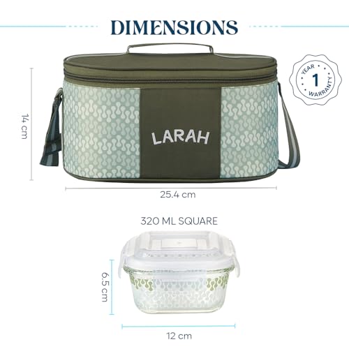 Image of Larah Glassware Gracia Green Borosilicate Glass Lunchbox with Bag | Microwave & Dishwasher Safe, Leakproof | Tiffin for Office, School, College (320ml x 4)
