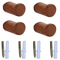 AKSIQIOL 4-Pack Wall-Mounted Coat Hooks, Wooden Hooks for Coats, Towels, Jackets & Clothes, Walnut Finish, Bathroom & Entryway Hooks