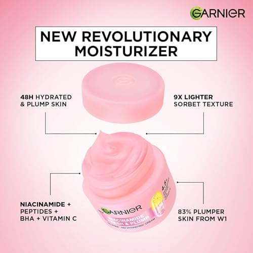 Image of Garnier Fresh & Plump Niacinamide Sorbet Gel Face Moisturizer Cream, 45g | 4.5% Niacinamide + Peptide + BHA + Vitamin C, For Hydrated and Plump Skin, Suitable for Oily to Normal & Combination Skin