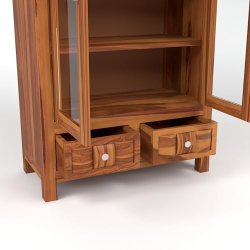 Image of Solid Sheesham Wood Book Cabinet with Acrylic Glass Doors | Rosewood Display Storage Unit with Shelves & Drawers for Home & Office (B-Honey Finish)