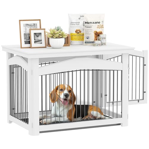 PawHut Jaula para Perros Medianos 3 en 1 Mesa Auxiliar Barrera para Perros con Puerta con Pestillo Tapa Superior Desmontable y Bandeja Extraíble 82,5x57,5x59,5 cm Blanco
