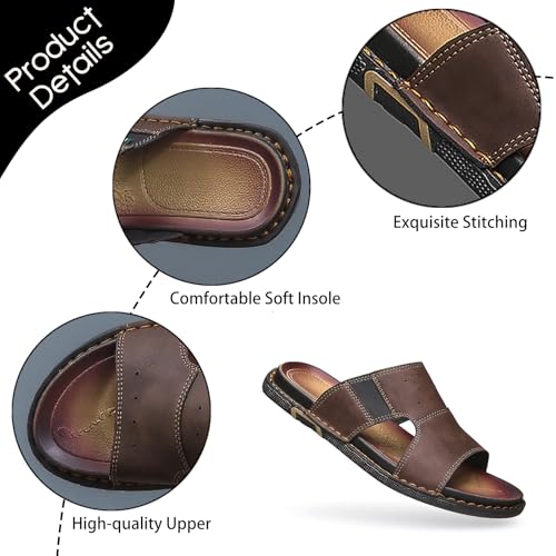 Men's Leather Slip On Slides Sandals Lightweight Comfortable Open Toe Hand Stitched Soft Sole Casual Slippers Summer Anti-Slip Walking Beach Sandals4