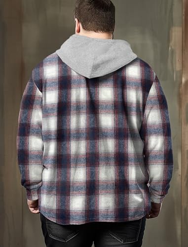 Image of Flannel Hoodie for Men Plaid Flannels Shirts Long Sleeve Lightweight Jacket Casual Button Down Shirt Size 4XL to 9XL