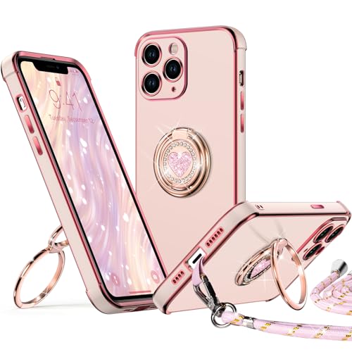 XYZ Cover per iPhone 11 Pro Max con Supporto, Custodia con Doppio Anello a Forma di Cuore con Cordino per Ragazze e Donne, Custodia Protettiva di Lusso per iPhone 11 Pro Max, Rosa