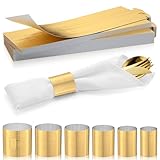 ChilStikUni Polymer Material Reusable Napkin Band, Glue-Free Tear-Proof Water Resistant Oil-Proof Napkin Bands Set of 50(Front Brushed Gold Color and Back Silver), 6 Adjustable Sizes Napkin Rings