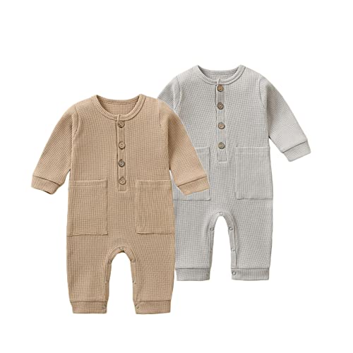 Image of BeiVSlley Newborn Baby Boy Girl 2 Pack Button Solid Romper Infant Long sleeve Knit Cotton Footless Outfits Clothes
