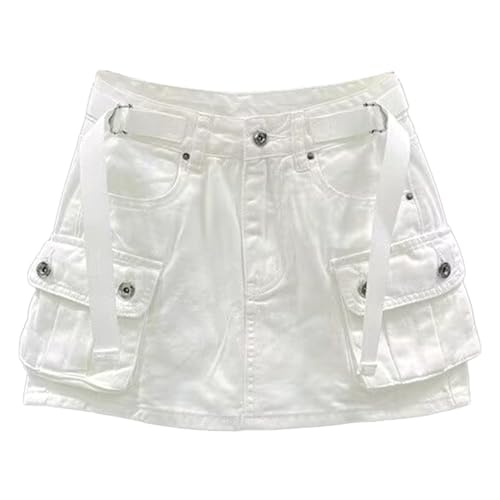 White Jean Skirt for Women Low Waisted Y2k Cute Denim Mini Cargo Skirt (White, S)
