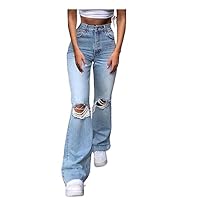 Ripped Mom Jeans Womens High Waisted Petite to Plus Size Ladies Curvy Slim Fit Bootcut Flared Boyfriend Juniors Jeans with Pockets Blue
