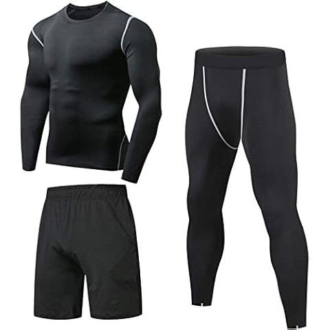 Niksa Sportbekleidung Herren Fitness Bekleidung Trainingsanzug 3pcs Set Fit elastische Sportwear Fitness Kompressionsshirt Langarmshirt Sporthose Leggings (Größe M Bust =90, Long Sleeve(163515)*D) Cover