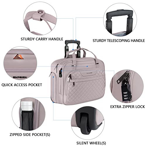 EMPSIGN Rolling Laptop Bag Women with Wheels, Rolling Briefcase for Women Fits Up to 15.6 Inch Laptop Briefcase on Wheels, Water-Repellent Overnight Rolling Computer Bag with RFID Pockets, Grey Pink - Thumbnail 4