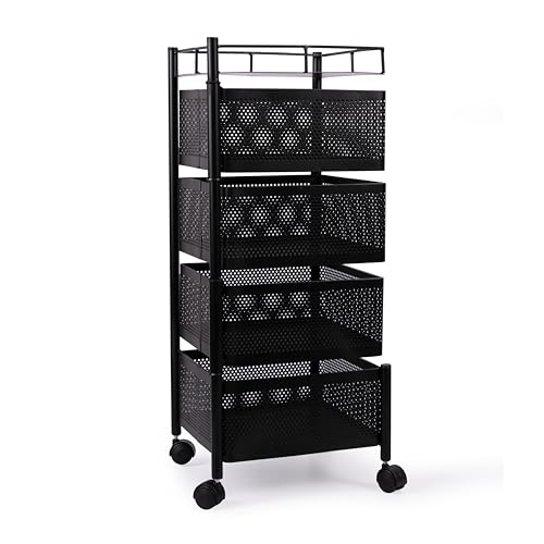 Image of KITCHIVO Kitchen Storage Rack | Revolving Vegetable Rack | Square Multipurpose Storage Trolley with Wheels | Metal Fruit Rack (Black, 4 Layer)