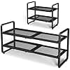 Shoe Rack - Expandable Shoe Organizer for Closet, Adjustable Metal Shoe Shelf Storage, 2 Tier Stackable Long Shoe Stand Holder for Garage, Entryway, Door Entrance, Black