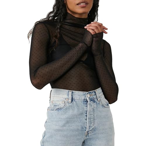 XIXIMAON - Blusa transparente de encaje con mangas largas para mujer, sexy y ceñida, con cuello alto, ideal para salir de noche y club, Negro , S
