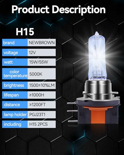 Image of NEWBROWN H15 Headlight Bulb h15 Halogen Headlight Bulb 5000K Super White Light Long Life Replacement PGJ23T1 12V 15W /55W (H15, 2 Pack)