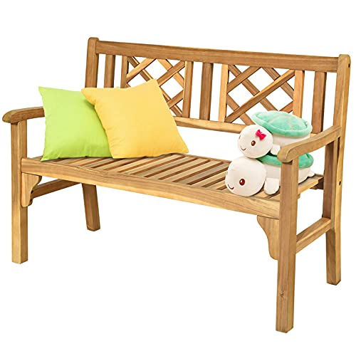 COSTWAY Banc de Jardin en Teck Pliable Bois d’Acacia 120 cm x 56 cm x 90 cm Banc d’Extérieur à 2 Places Dossier Incurvé et Accoudoirs pour Terrasse Balcon ou Jardin