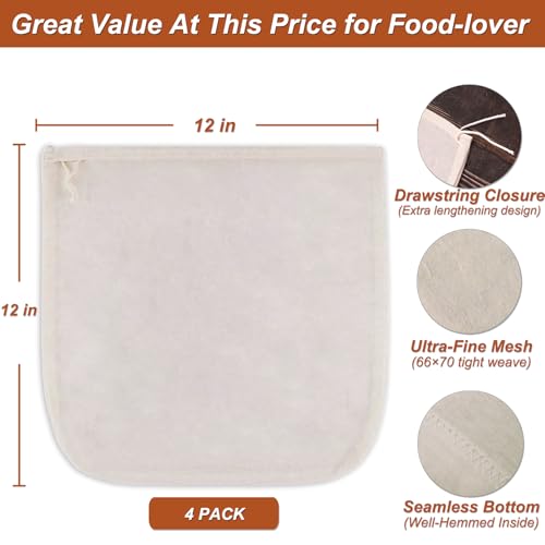 Image of 4 Pcs 12 inchx12 inch Nut Milk Bag with SGS Tested 100% Nature Unbleached Cotton, Premium Cheesecloth Bags for Straining, Reusable Nut Bag Strainer for Making Almond & Nut Milks, Cold Brew, Yogurt, Juicing
