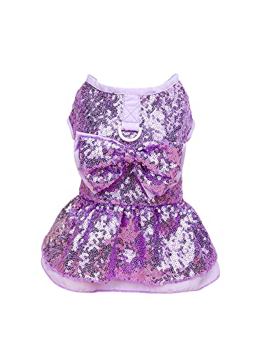 QWINEE Glitter Sequin Design Dog Dress Bow Decor Princess Dresses Cat Dog Summer Dress Cute Birthday Holithday Wedding Puppy Dress Pet Clothes for Small Medium Dog Cats Kitten Purple M
