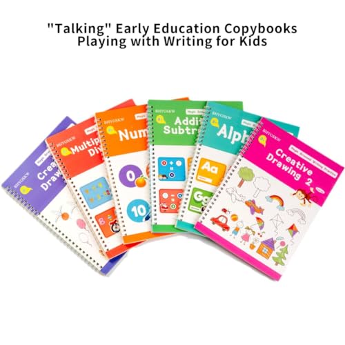 Magic Grooved Writing Practice Books for Kids with Disappearing Ink Pens Grips, Reusable Handwriting Workbooks 6 Pcs Writing Practice Books, Letter Tracing Copybook for Kindergarten Ages 3-8