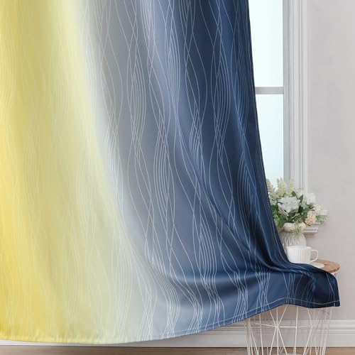 Estelar Textiler Navy Blue and Yellow Ombre Blackout Curtains 54 Inch Length 2 Panels, Full Room Darkening Gradient Drapes for Kitchen, Thermal Insulated Grommet Short Curtains for Bedroom,42Wx54L
