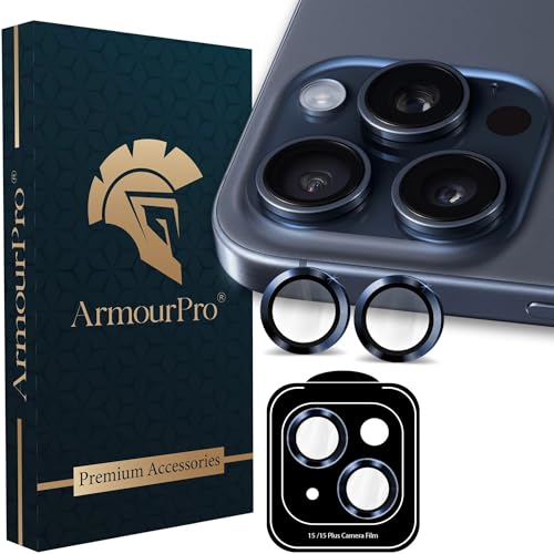 Image of ArmourPro Premium Camera Lens Protector Tempered Glass Compatible For iPhone 15 Pro max and iPhone 15 Pro Tough HD Individual Aluminum Alloy Lens Ring Cover, Scratch Resistant | Blue