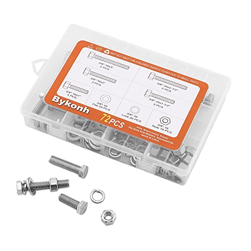 3/8-16 (Länge 2,5 cm bis 7,6 cm verfügbar), Sechskantschrauben, Muttern, Unterlegscheiben, Sortiment, Edelstahl, 18-8 (304), einfarbig, 72 Stück Cover