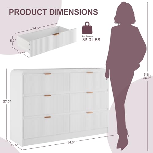 FURSUN Fluted 6 Drawers Dresser for Bedroom, 54" Wide Wooden Dresser with Metal Handle, Curved Profile Design, Modern Storage Organizer for Living Room, Hallway (White)