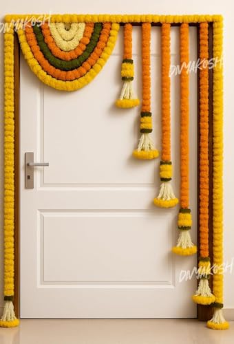Image of Divyakosh Fabric & Beads Marigold Flower Full Door Decoration (Size 4 FT / 48 Inch) for Home,Main Door,Mandir,Event,Thoranam /Torans for Entrance Door, Banderwal for Home Door