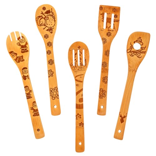 Wooden Utensil Set, Bamboo Utensils 5 pcs Wood Spoons for Cooking, Easy to Clean, Sturdy, Lightweight & Heat Resistant White Elephant Gift by LeafyLane - Used condition - US$8.32