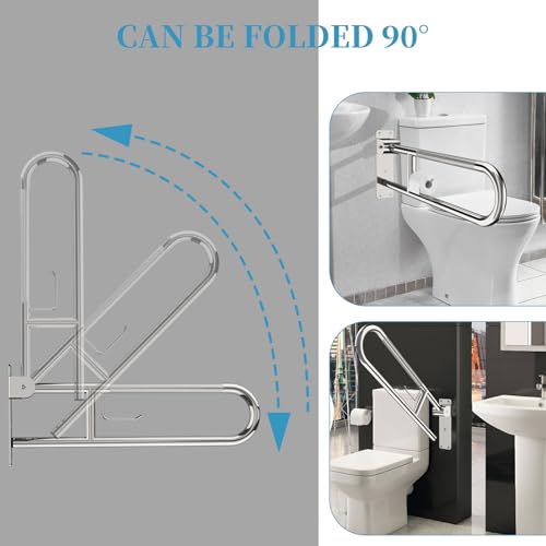 Image of Toilet Grab Bar 22.4 Inch Chrome, Munzong Anti-Slip Handicap Grab Bars with Paper Holder, Flip-Up Bathroom Safety Rails, Stainless Steel Knurled Support handrails for Seniors Elderly Disabled Pregnant