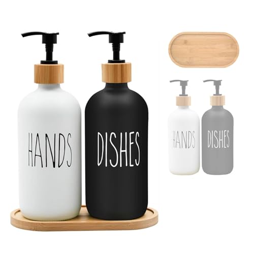 Glass Soap Dispenser Set, 16 OZ Hand and Dish Soap Dispenser Set with Bamboo Tray Modern Farmhouse Kitchen