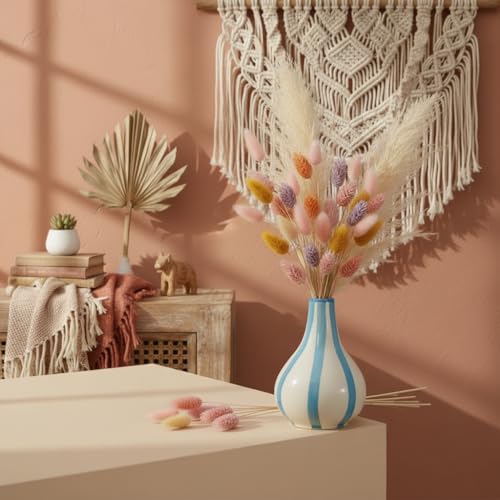 Image of PUREZENTO Blue & White Striped 'Tulip Bud' Ceramic Vase 6 Inch (Pack of 1) | Unique Modern Bud Vase for Dried Flowers & Pampas Grass | Vases for Modern Home Decor, Living Room & Office Decor Ideas