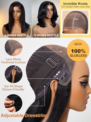Image of Sunber Glueless Yaki Straight Bob Wigs Pre Plucked Pre Bleached 12inch | Bye Bye Knots Human Hair Wig Natural Black Pre Cut 7x5 Lace 150% Density Put On Go Pre Bleached Invisible Knots