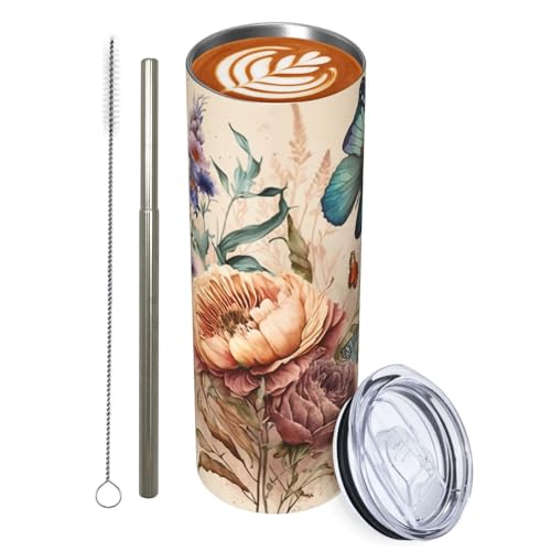 Zeleda Copo de borboleta com popote e tampa, de aço inoxidável, isolado, design de borboleta, caneca de café, caneca de viagem, garrafa de água