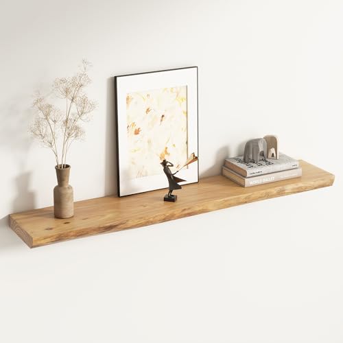 Solid Wood Floating Shelves 48 Inch, Flat Edge, Heavy-Duty, Elm, 1pcs